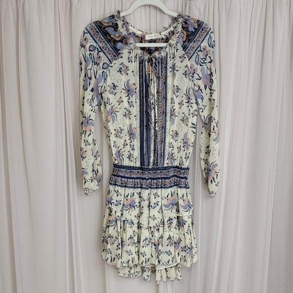 Loveshackfancy Popover Printed Silk Mini Dress Navy Blue Combo XS - Picture 5 of 16